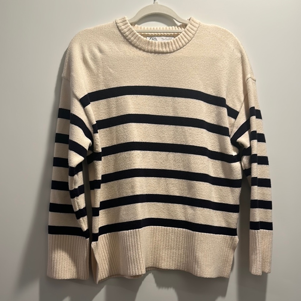 Zara Cream and Black Crewneck Sweater Nautical Stripes